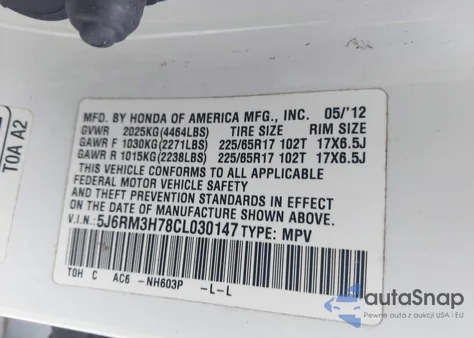 2012 Honda Cr-V Ex-L from USA, damaged, VIN 5J6RM3H78CL030147
